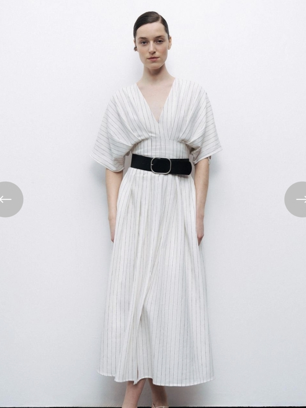 White Pinstripe V-Neck LİNEN Midi Dress